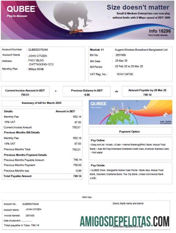 Para baixar modelo de conta de serviços públicos de Bangladesh Qubee em formatos Word e PDF